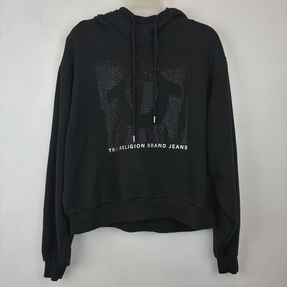 True Religion Hoodie Womens Medium Pullover Sweatshirt Black Bling Spellout